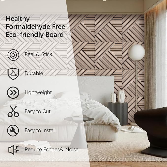 4 Packs Acoustic Wall Panels - Self-Adhesive 3D Wood Slat Wall Panel- Peel and Stick Sound Absorbing Panels for Noise Reducing - Feature Wall Decor for Home & Office