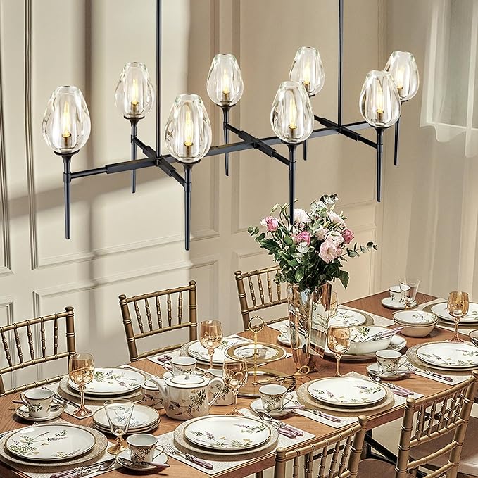 Modern Crystal Large Chandeliers 8 Lights Black, 52in Black Rectangle Tulip K9 Crystal Chandelier, Pendant Ceiling Light for Dining Living Room Bedroom Entryway over Table, E12 Bulbs Included