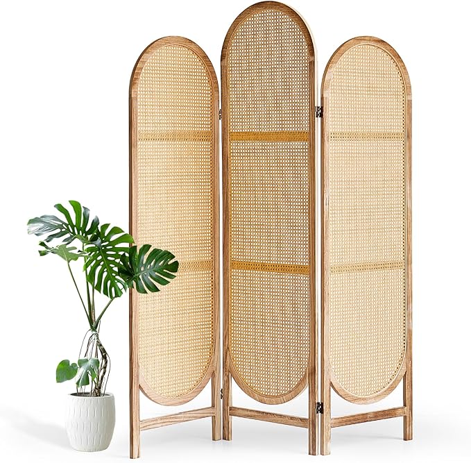 5.9 Ft Tall 3 Panel Room Divider Screen, Foldable Wooden Room Divider Panel, Folding Privacy Screen Made of Hand-Woven Rattan, Portable Wall Divider for Room Separation HomeOffice - Natural