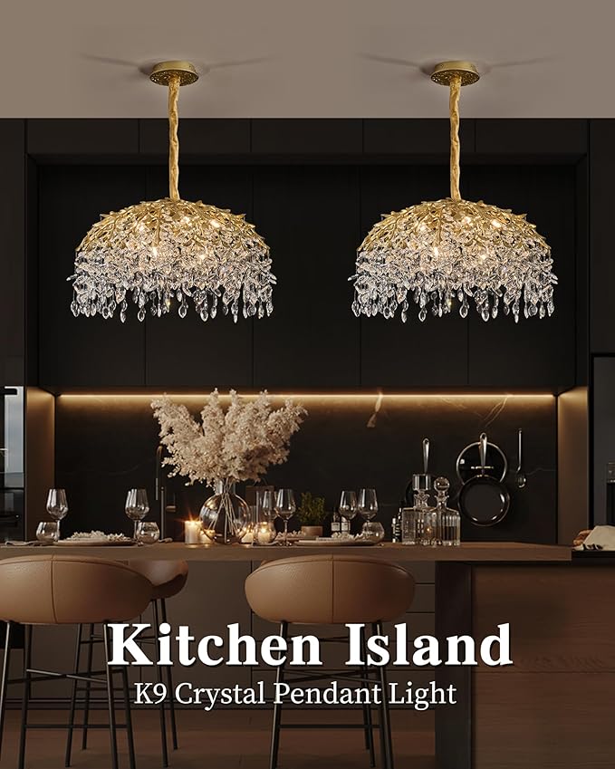 Modern Crystal Chandelier for Dining Room, 31.5" 10-Light Gold Tree Branch Chandeliers, Luxury K9 Crystal Rectangular Chandeliers for Kitchen Island Living Room