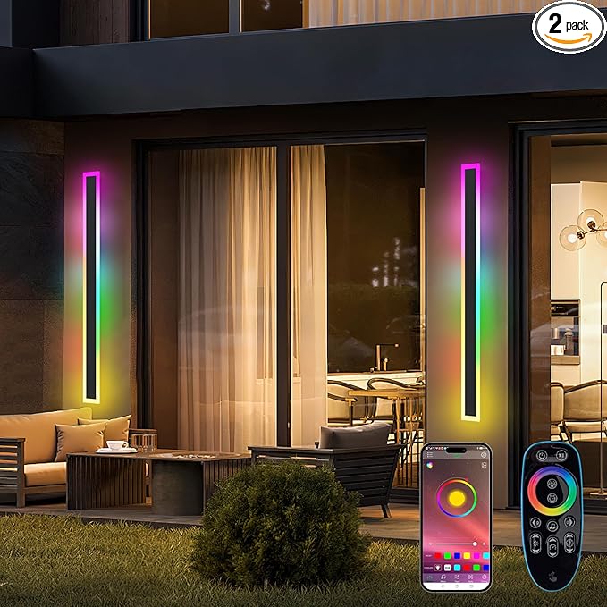 Outdoor RGB Long Wall Lights, 23.6inch 2 Pack RGB/Warm/White Dimmable Modern Led Wall Lighting, Ip65 Waterproof Long Wall Sconce with Remote and APP Control for Outdoor/Indoor