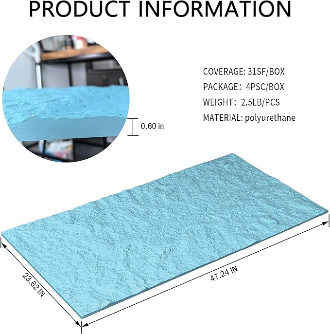 4PCS PU Wall Panels Stone Texture for Interior Wall Decor|3D Wall Panels with Lake Blue Stone Texture|47.24"*23.62" (Lake Blue)