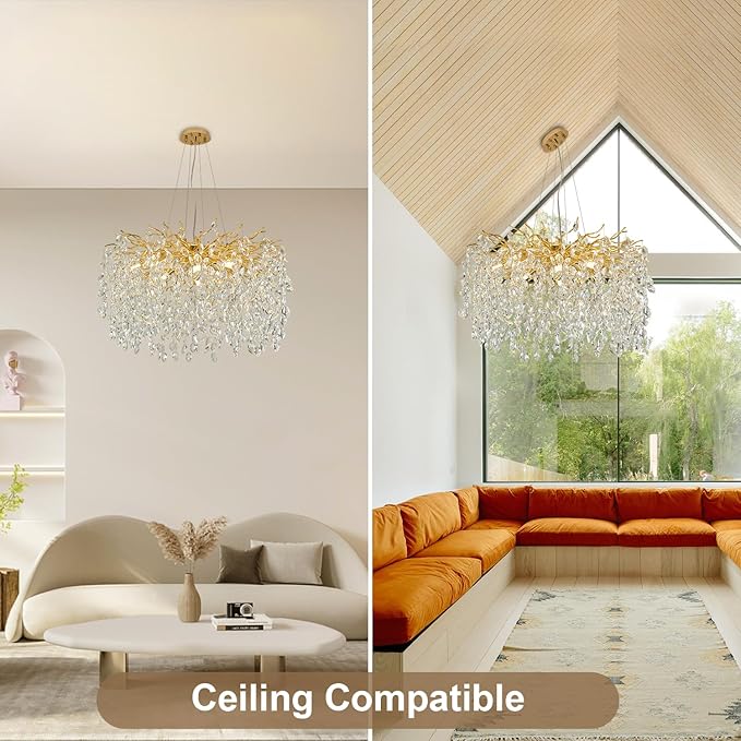 Modern Crystal Chandelier, 23.6" Luxury Gold Tree Branch Chandelier 6-Light Raindrop Chandeliers Modern Chandeliers for Dining Room Kitchen Bedroom Living Room High Ceiling, Branch & Height Adjustable