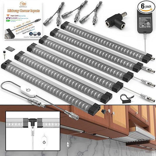 EBD LED Light Bar Built-in Adjustable Cable 6 Pcs Corner Input Under-Counter Light fixtures Work Bench linkable Touch Lights 3000K 2700 Lm Super Bright for Pantry Garage Shelves Closet Shelf