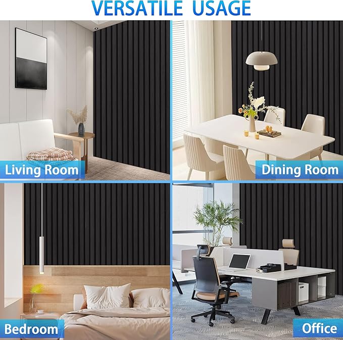 3D Slat Acoustic Wall Panels with Wood Finish Accent, 2 Pack Sound Absorbing Paneling for Studio, Office, Living Room, Bedroom Interior Decor (Matte Black, 48''L x 24''W)