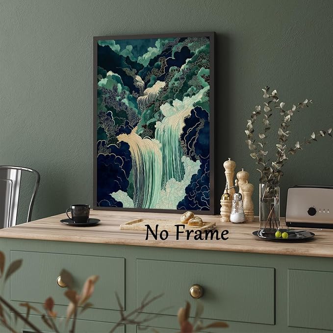 Mountain River Wall Art Japanese Waterfall Painting Abstract Forest Art Poster Blue And Green Abstract Canvas Japanese Style Print Blue And Green Landscape Wall Art Waterfall Artwork 16x24in No Frame