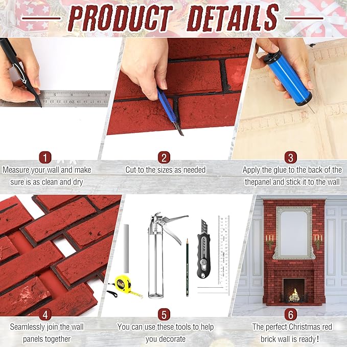 6 Pcs Christmas 3D High-Density Polyurethane Red Faux Brick Wall 45.7 x 11.8 x 1.2 inch PU Wall Panels for Interior Exterior Walls Decor Christmas Fireplace Living Room Kitchen Balcony