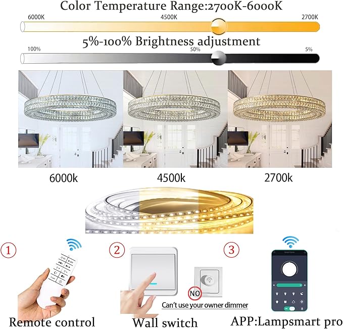 47.5 inch Large Ring Chandelier Gold Ring Pendant Light Round Crystal Chandelier for Dining Room Living Room Led Dimmable 2700k-6000k