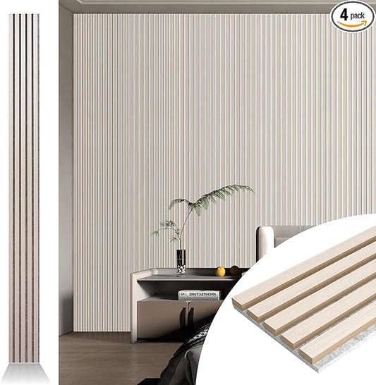 Art3d 4pcs-107 x 8in Slat Acoustic Panel for Wall and Ceiling, 3D Fluted Sound Absorbing Panel with Wood Finish, White Elm