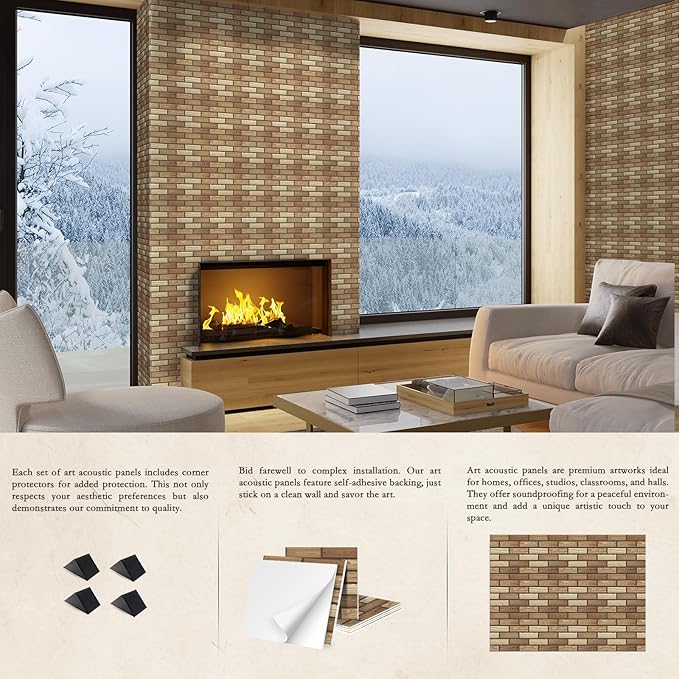 12Pack Acoustic Panels, Self-Adhesive 3D Brick Pattern Sound Proof Panels for Walls, Decorative Sound Dampening Wall Panels for Recording Studios, Offices, Home, 12"×12"×0.4", Faux Wood Grain Print