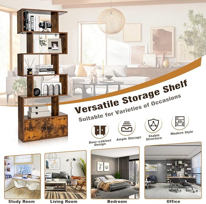 6-Tier Geometric Bookcase, 72” Freestanding Room Divider Bookshelf with Open Display Shelves & Multi-use Storage Cabinet, Wood S-Shaped Storage Organizer for Living Room, Bedroom & Home Office