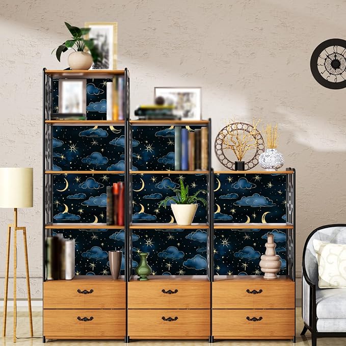 Cloudy Starry Night Peel and Stick Wallpaper Vintage Green Leaf Contact Paper Dark Floral Wall Mural Home Vinyl Waterproof Self Adhesive Removable Renter Friendly Wall Paper 17.5" x 118"