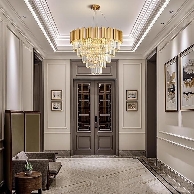 5-Tier 27.5" Modern Crystal Chandelier, 9-Light Gold Chandelier, Luxury Round K9 Crystal Chandeliers Pendant Light Fixture for Dining Room, Living Room, Bedroom, Foyer, Entryway, Kitchen, Restaurant