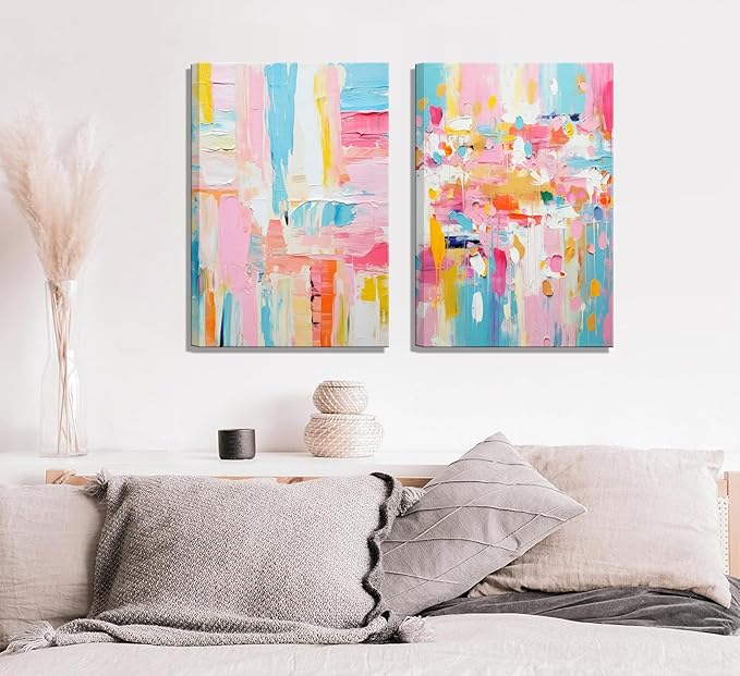2Pcs Framed colorful abstract Wall Art College style girl art posters prints Modern Pastel texture Pictures Paintings Wall Decor for Girly Dorm Bedroom Living Room Decoration