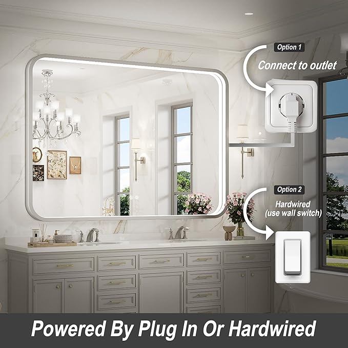 LED Bathroom Mirror with Lights,48x36 Inch Brushed Silver Framed Lighted Vanity Mirror,Anti Fog Stepless Dimmable Wall Mounted(Horizontal/Vertical)