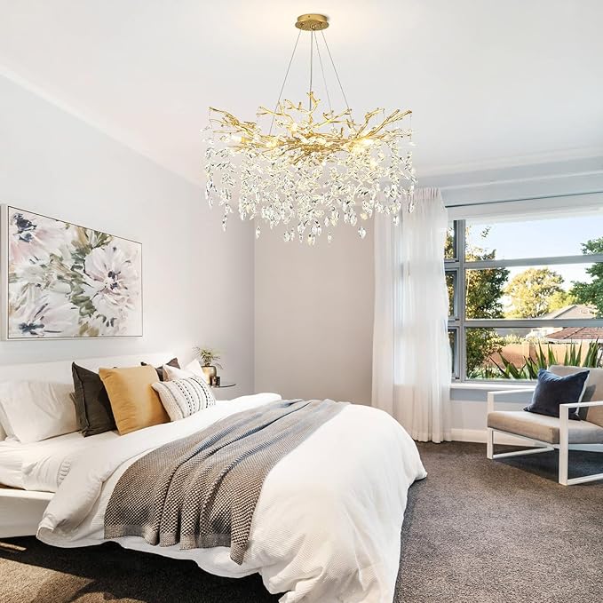 Modern Gold Crystal Chandeliers 31.5" Luxury K9 Crystal Large Chandelier for Living Room Mid Century Tree Branch Chandelier Ceiling Pendant Lighting Fixture for Bedroom Kitchen Staircase