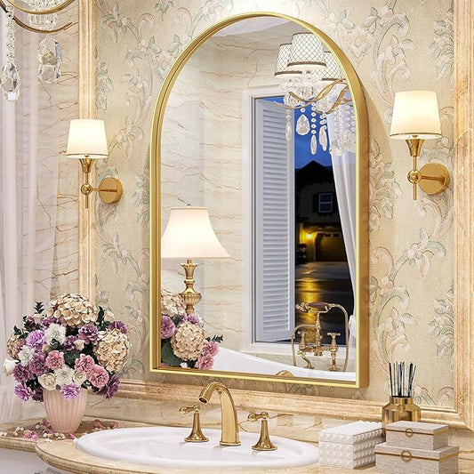 Brightify Gold Arched Mirror, 24 x 32 Inch Arch Wall Mirror, Brass Metal Frame Bathroom Mirror, Arched Top Bathroom Vanity Mirror for Living Room Bedroom Mantel Entryway Hallways