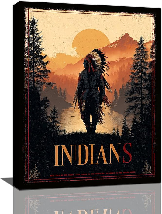 Native American Wall Art Indian Tribe Wall Decor Canvas Pictures Vintage Landscape Paintings Prints Traditional Artwork Framed Decorations For Bathroom Bedroom Living Room Office Gifts 12" x 16"