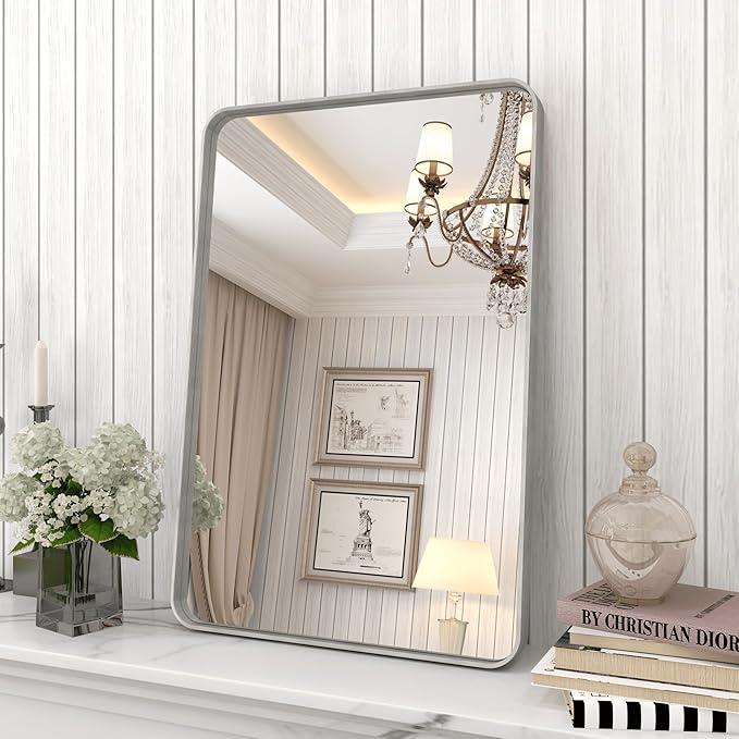 16x24 Inch Brushed Nickel Bathroom Mirror, Rounded Rectangle Silver Metal Frame Mirror, Silver Bathroom Vanity Mirror, Anti-Rust, Hangs Horizontally or Vertically