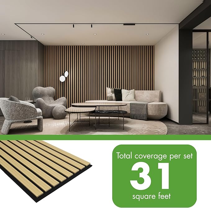 Art3d 4-Pack 12" x 93" Soundproof Wood Slat Panels, 31 sq.ft Acoustic Wall Panels, 3D Wall Panels with Wood Slat Design, Decorative Wood Wall Panel for Accent Walls-Oak