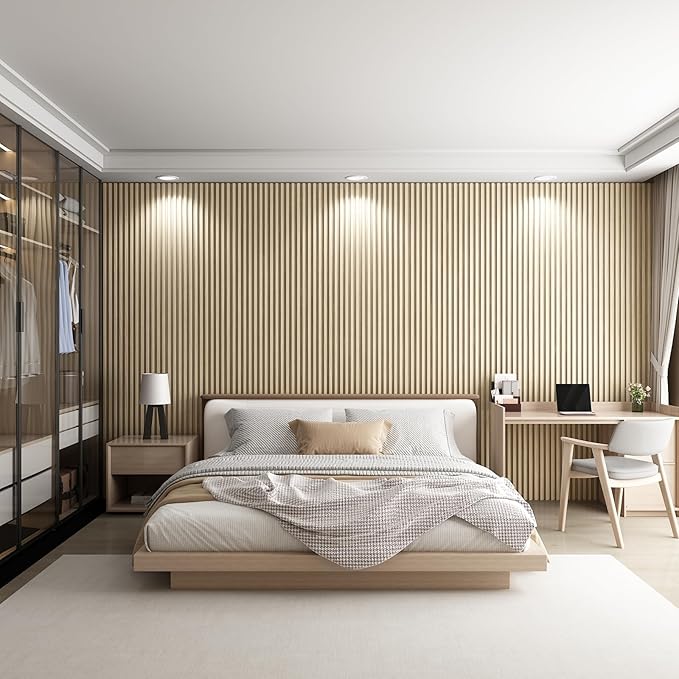 8-Pack WPC Wall Panels 108’’ x 6.1’’ 3D Slat Wall Panel Acoustic Wall Paneling for Interior Wall Decor TV Background Kitchen Bedroom Natural Wood