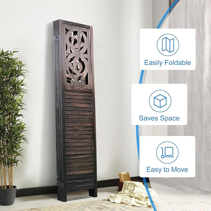 4 Panel Room Divider 5.6FT Wood Carved Room Dividers, Folding Privacy Screens Portable Freestanding Partition Wall Dividers for Bedroom, Office, Rustic Brown