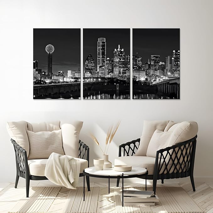 NAN Wind 3 Pcs Dallas Skyline Canvas Wall Art Black and White Cityscape Night Scene Modern City Giclee Prints on Canvas Framed Urban Home Decor Skyscrapers Picture Painting for Room Decor
