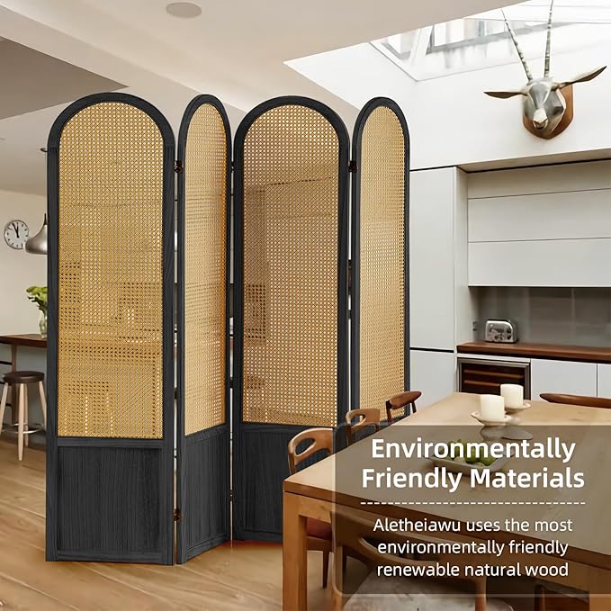 4 Panel Room Divider and Folding Privacy Screen 5.6 Ft Foldable Double Hinged Room Partition, Hand-Woven Rattan Room Divider Portable Wood Wall Divider for Room Separation, Home, Black
