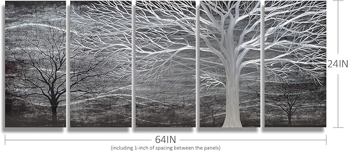 BATRENDY ARTS Black and Silver Tree Metal Art Hand-polished Wall Decor 3D Modern Home Accent for Bedroom Decoration 5 Panels Hanging Scuplture