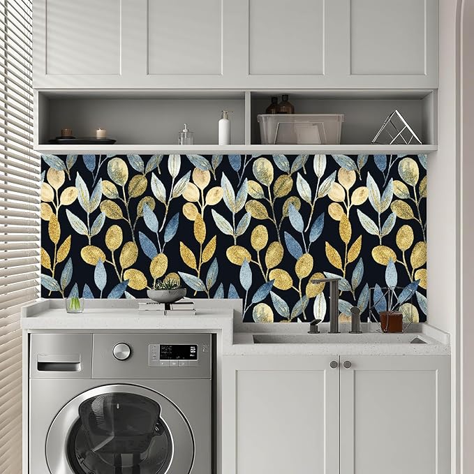 Blue Gold Leaf Peel and Stick Wallpaper Self Adhesive Dark Floral Waterproof Removable Contact Paper Wall Paper for Bedroom Bathroom Cabinets Drawers Wallpaper 17.7" x 70.8"