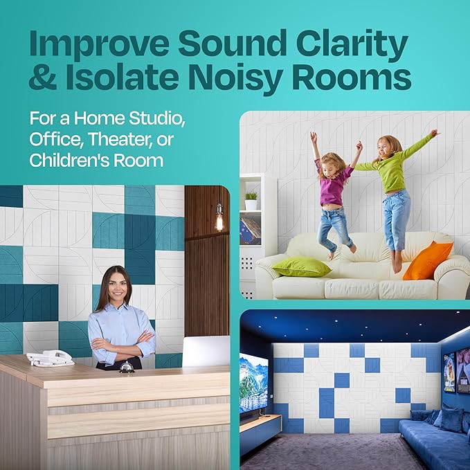 Acoustic Panels 12-Pack Soundproof Wall Panels 12"x12"x0.4" Decorative Sound Dampening for Your Home, Office, Studio, Bedroom & More with Unique ModuArc Carving [White]