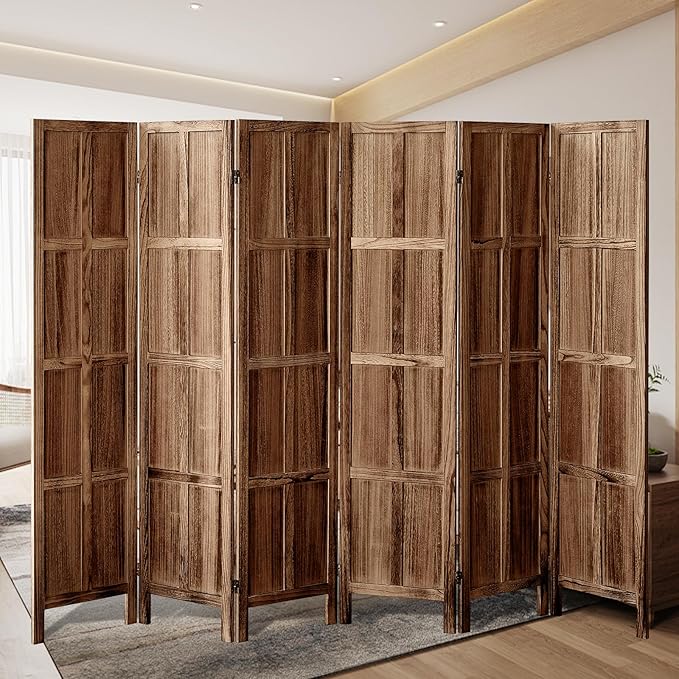 6 Panel Room Divider Wall, 5.6 FT Folding Privacy Screen Room Divider, Partition Divider for Room Separation, Room Partition Separator, Wooden Divider Screen for Home Office Bedroom (Brown)