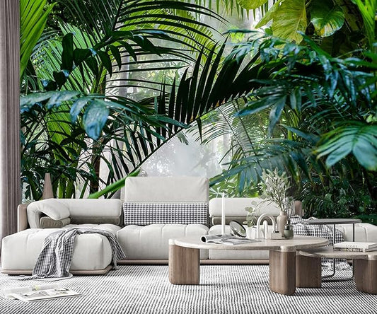 -Rainforest Leaves Fabric Wallpaper Green Trees Mural Bedroom 180" x 115" (Not Peel and Stick)