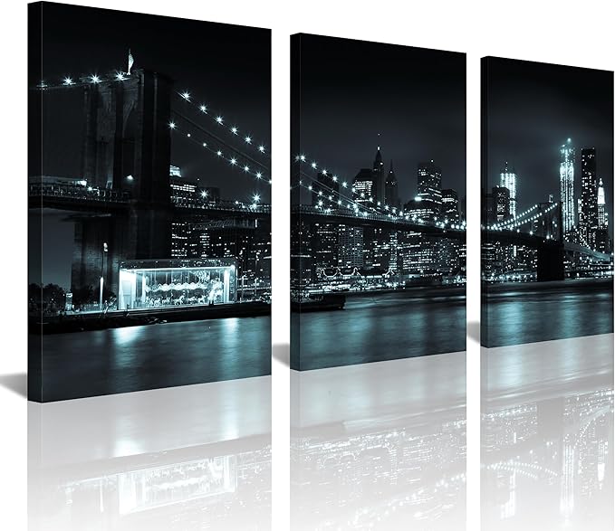 NAN Wind 3 Pcs Wall Art Brooklyn Bridge Black Canvas Art Paintings For Room Decor Manhattan Skyline Cityscape New York Skyscrapers Picture Prints On Canvas For Home Decor Modern Giclee Framed