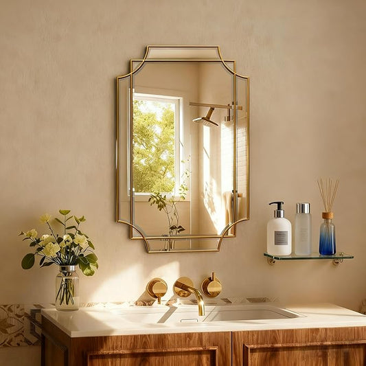30x20 Inch Gold Bathroom Mirror, Wooden Frame with Scalloped Polished Beveled Glass, Modern Art Wall Decor for Vanity, Irregular Rectangle Mirror for Bedroom, Living Room, Fireplace & Entryway
