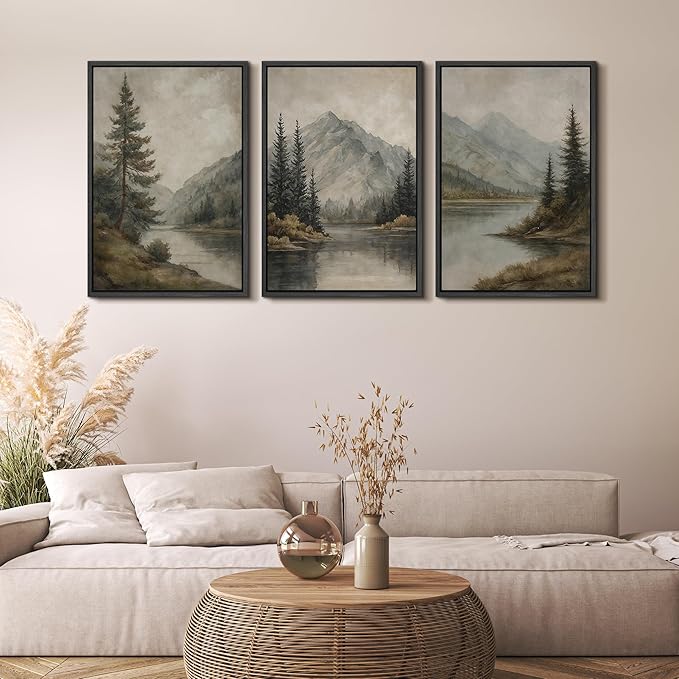 MUDECOR Framed Wall Art Print Set Mountain Landscape Nature with Trees, Lake, and Mountains, Rustic Illustrations Modern Art Decorative Colorful for Living Room, Bedroom, Office - 16"x24"x3 Black