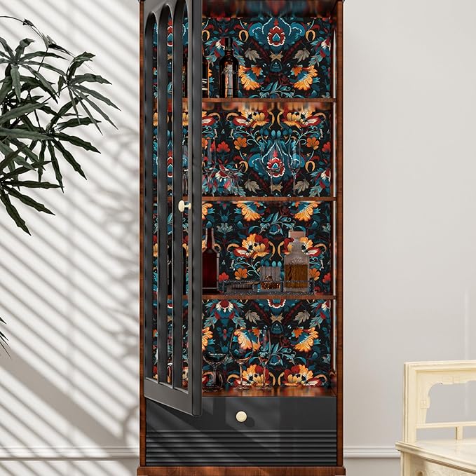 Black Floral Peel and Stick Wallpaper Boho Leaf Contact Paper Red Flower Removable Self Adhesive Waterproof Wall Paper for Cabinet Drawers Wall Decor Renter Friendly 17.5''x118.1''