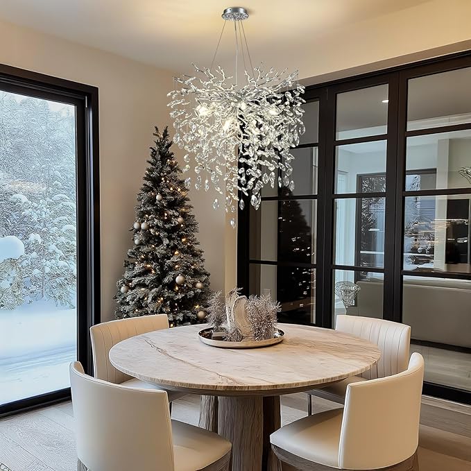 24 in Crystal Chandelier for Dining Room, Round Silver Tree Branches Chandeliers, Top K9 Crystal Chandelier, Modern Chandeliers for Kitchen,Foyer Entryway,Luxury Adjustable Hanging Chandeliers
