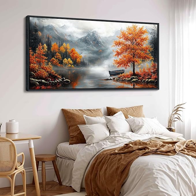 JEAWA Large Framed Canvas Painting - 24x48 IN Landscape Wall Decor Ready to Hang, Majestic Mountain Picture, Orange Trees by the Lake Art Prints for Bedroom Living Room Home Decoration