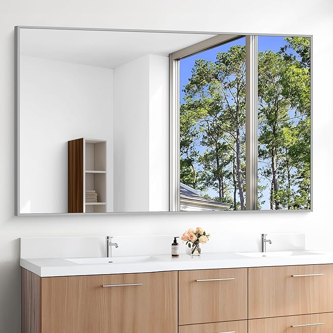 KOCUUY Silver Bathroom Mirror, 60"x36" Large Rectangle Bathroom Mirror for Wall, HD Tempered Glass, Anti-Rust Brushed Silver Frame, Modern Design for Bathroom, Bedroom, Hang Horizontal/Vertical