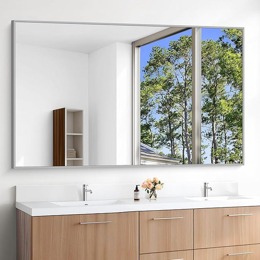 KOCUUY Silver Bathroom Mirror, 60"x36" Large Rectangle Bathroom Mirror for Wall, HD Tempered Glass, Anti-Rust Brushed Silver Frame, Modern Design for Bathroom, Bedroom, Hang Horizontal/Vertical