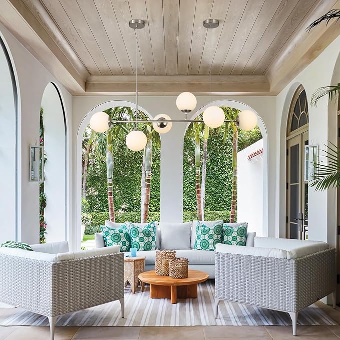 KCO Modern Silver Milk Glass Pendant Light 6 Light Pendant Light Fixture Chandelier Brushed Nickel Chandelier Modern Hanging Linear Light Fixture for Dining Room Kitchen Island