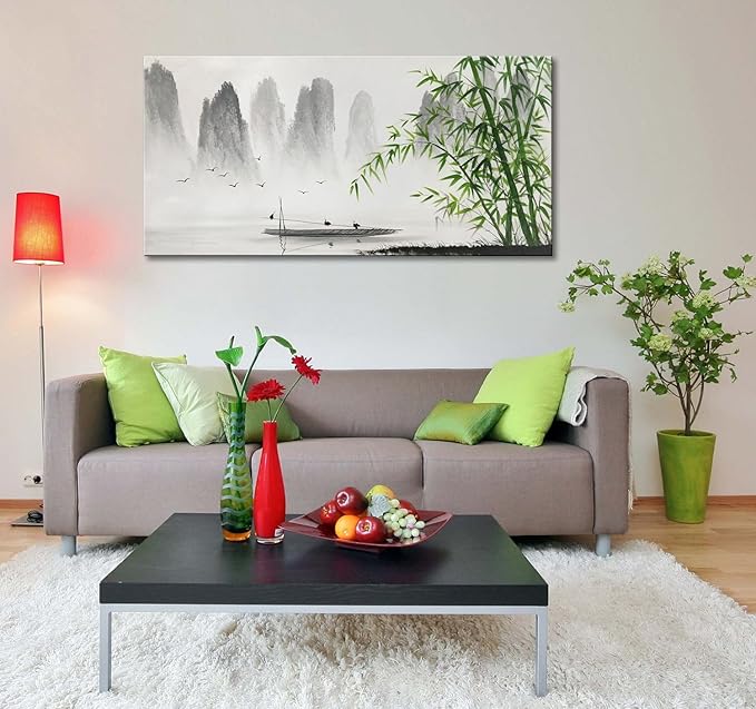 Chinese Shanshui Painting Black and White Landscape Wall Art Green Bamboo Canvas Artwork