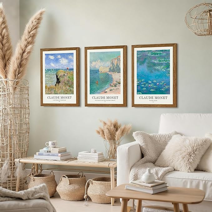 JLTULT 3 Piece Framed Vintage Claude Monet Canvas Wall Art, Impressionism Landscape Wall Decor, The Cliff Walk at Pourville Water Lilies Prints for Living Room Bedroom Office 16x24 in Easy to Hang