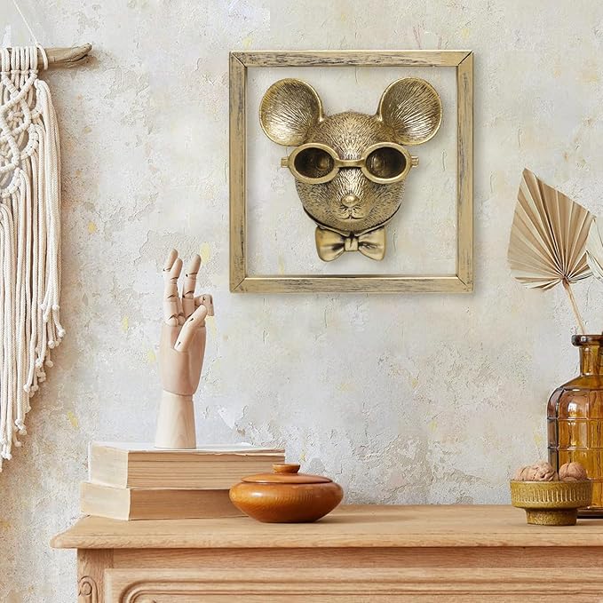 Newinhome Animal Heads Wall Decoration (Gift Metal Frame) Resin Animals Sculptures Head Wall Hanging Decor Gold vintage Wall Sculpture for Living Room Bedroom Office(Rat)