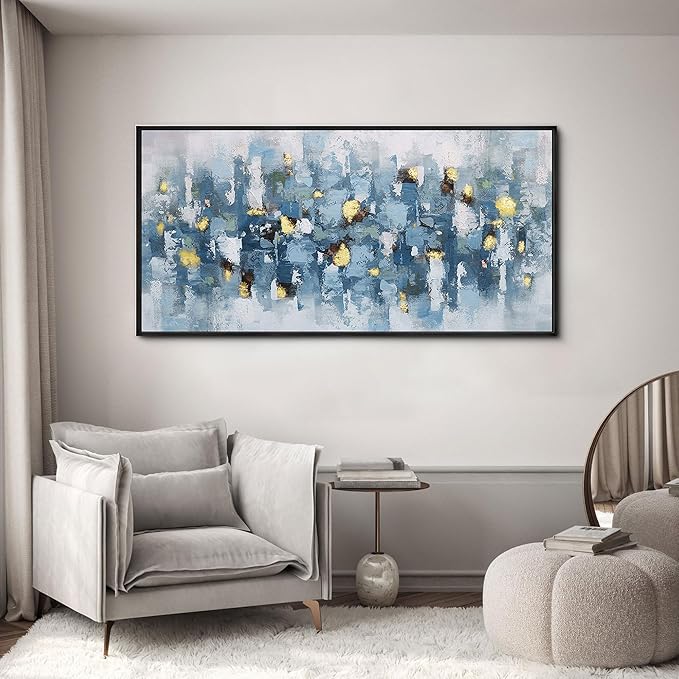 KLAKLA Blue and White Abstract Wall Art - Living Room Wall Decor Gold Picture Artwork for Walls Prints Paintings Framed Canvas Bedroom Office Guest Room Home Decoration 40x20 Inches