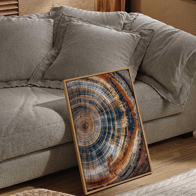 BingruiArt Framed Tree Ring Canvas Wall Art Abstract Wood Wall Decor Boho Modern Colorful Nature Painting Wood Stump Prints Pictures for Living Room Bedroom Bathroom Office 16"x24" Natural Framed(04)