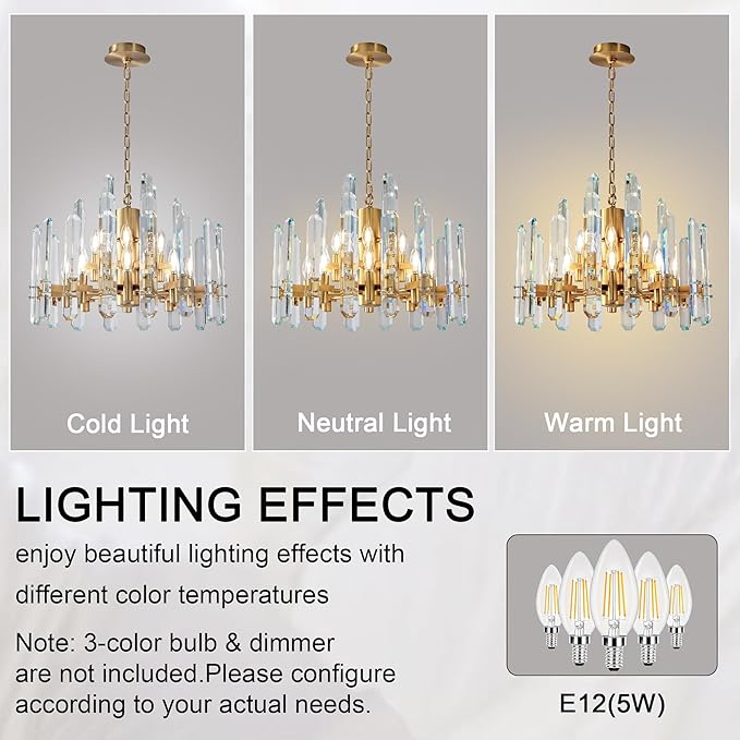 24" Modern Crystal Chandelier, 12-Light Luxury Gold Chandelier for Dining Room, Living Room, Bedroom, Foyer, Kitchen, Restaurant, Contemporary Round Adjustable Chain Chandeliers K9 Light Fixture