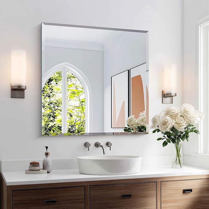 KOCUUY Beveled Mirror, 30x30 Inch Square Frameless Bathroom Mirror for Over Sink, Upgraded Shatterproof Beveled Unframed Design Mirror for Bathroom, Bedroom, Entryway, Hang Horizontal/Vertical