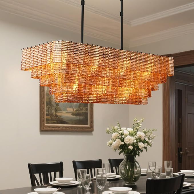 Large Chandelier for Dining Room, 59" 11-Light Amber Rectangular Chandelier for High Ceilings, Modern Balck Kitchen Island Hanging Light Fixture for Living Room, Dining Room, Kitchen Island, Foyer